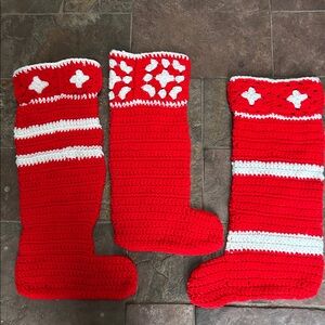 3 Vintage HandCrochet Christmas Stockings Retro Granny Square MCM Holiday Decor